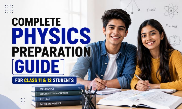 Physics Preparation Guide for Class 11 & 12 Students with smiling students studying Physics